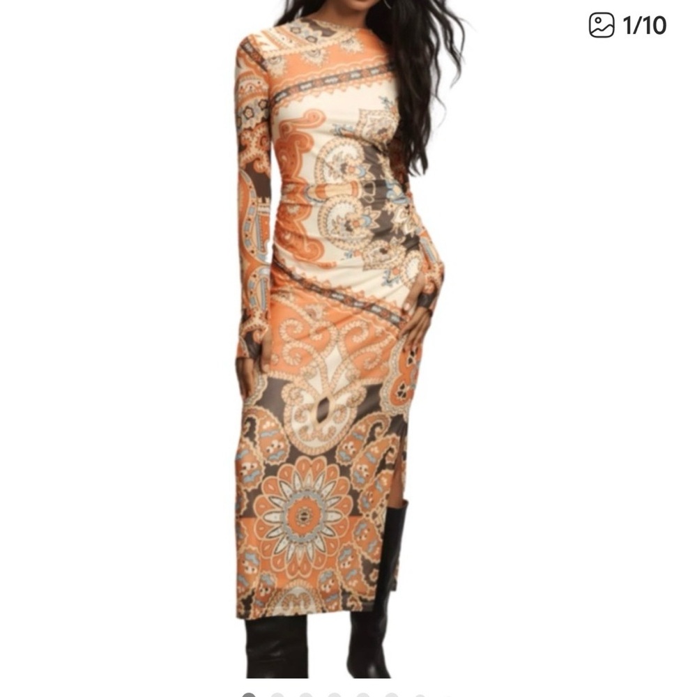 Farm Rio Long-Sleeve Mock-Neck Mesh Slim Midi Dress - Orange Bandana XS